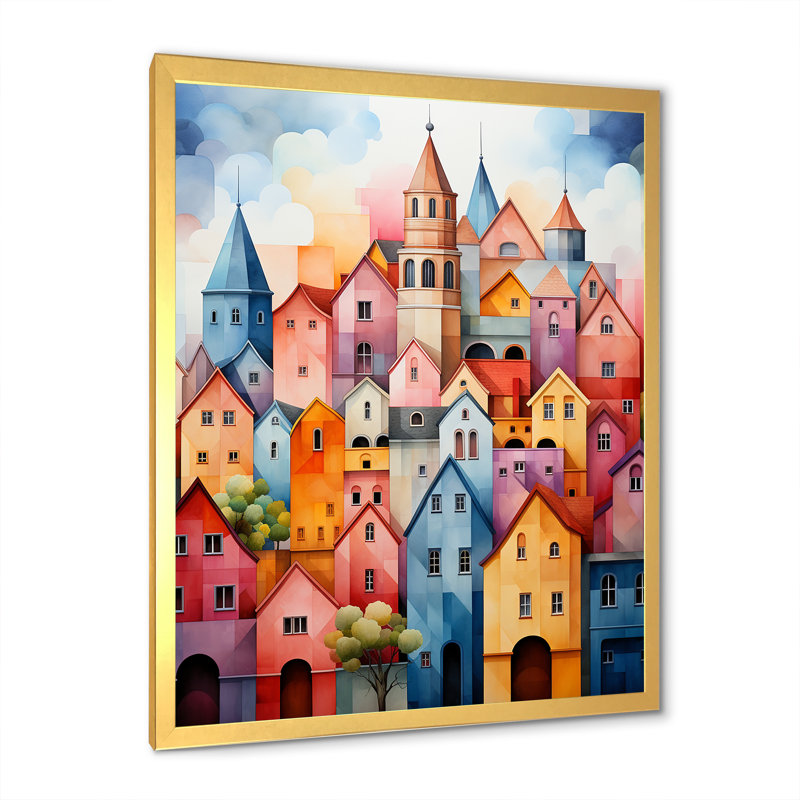 Village arc-en-ciel coloré, Cadre photo doré simple, H 32 po x l 16 po x P 1 po