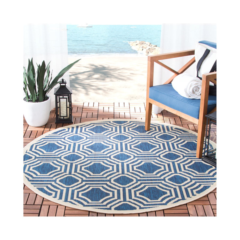 Arneshia Geometric Navy/Beige Indoor / Outdoor Area Indoor/Outdoor Area Rug, Round 5'3"