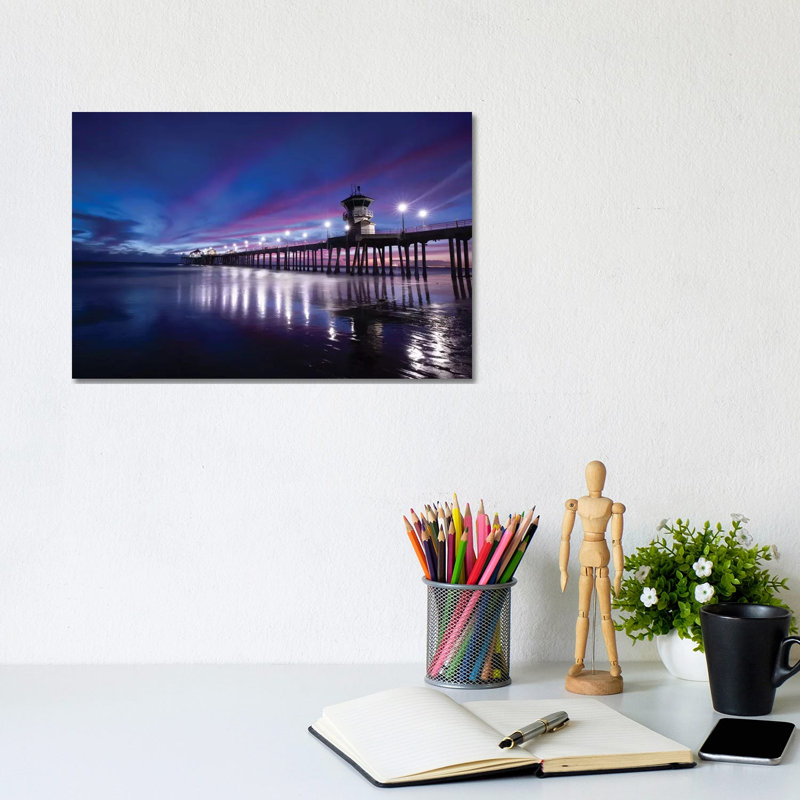 Huntington Beach Pier At Dusk, California, USA - Wrapped Canvas Print, 20.32 cm H x 30.48 cm W