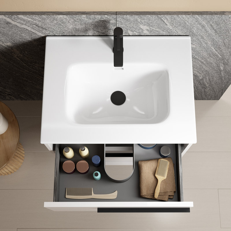Lotus 28.0" Wall Mounted Single Bathroom Vanity with Ceramic Top, Natural Oak, 28"