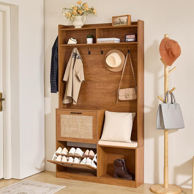 Porte-manteau bohème de 198 cm de haut avec banc et rangement à chaussures, porte-manteau d'entrée en rotin avec 2 tiroirs rabattables, siège rembourré, 6 crochets et armoire de rangement pour vestibule ou couloir.