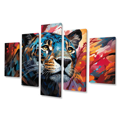 Red Popart Panther Wilderness I - Reproduction d'art mural animaux - 5 panneaux