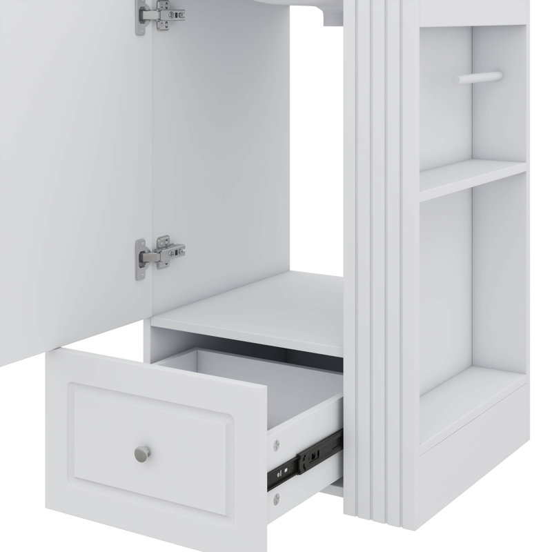 Meuble-lavabo autoportant de 20 pouces avec lavabo en céramique, conception à un trou de robinet, armoire avec tiroir à fermeture en douceur et tablettes latérales ouvertes avec barre à serviettes