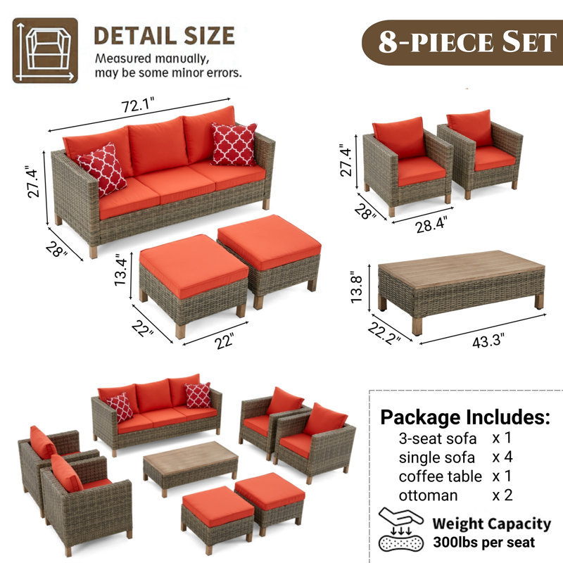 Ensemble de conversation modulaire avec coussins 8 pièces Duponta, Orange