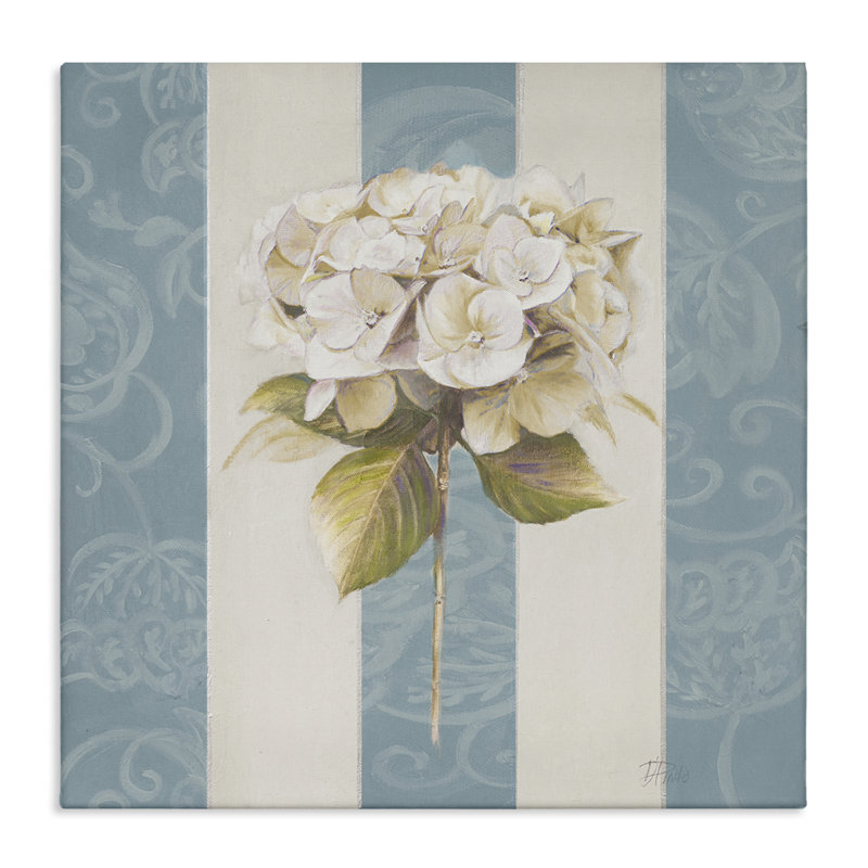 «Hydrangea Sprig on Stripes», art mural sur toile par Patricia Pinto, H 24 po x l 24 po