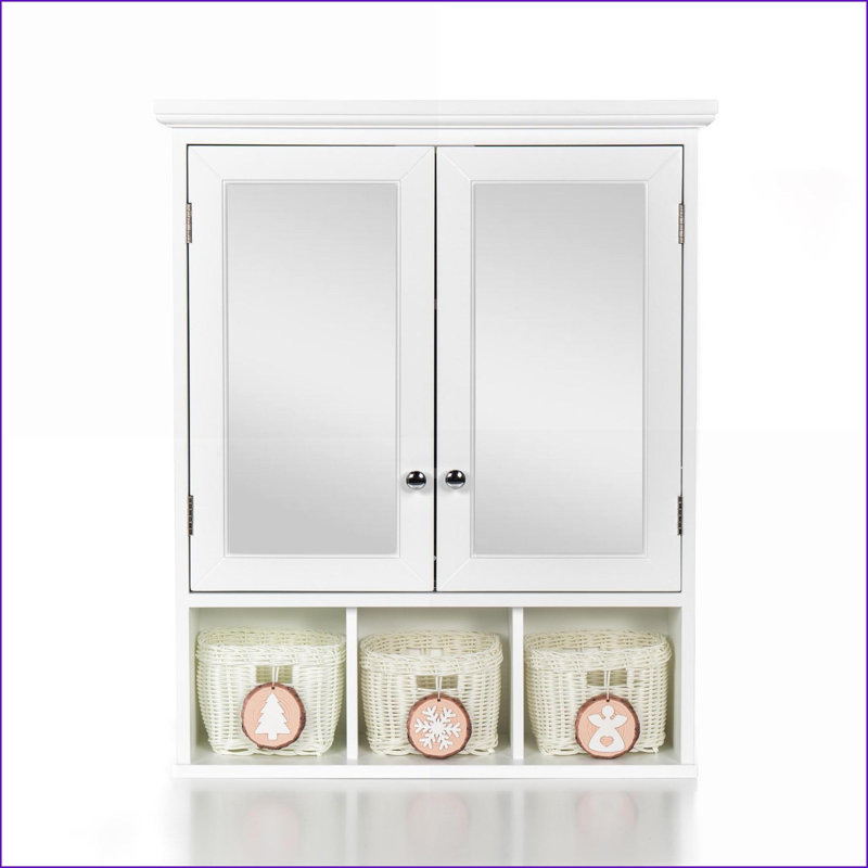 Armoires, rangement de salle de bain avec miroir, 2 portes, 2 tablettes réglables + 3 paniers de Noël, fixation murale | Blanc neige | Panneau de fibres à densité moyenne