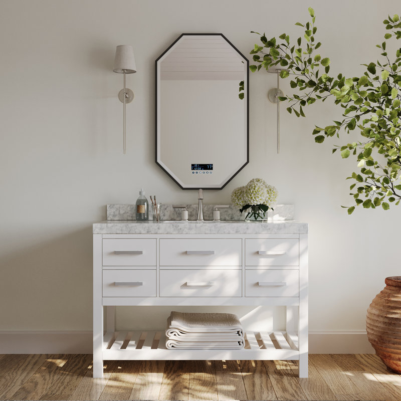 Ensemble de meuble-lavabo simple 48 po Carrie, Blanc / nickel brossé, Marbre blanc de Carrare