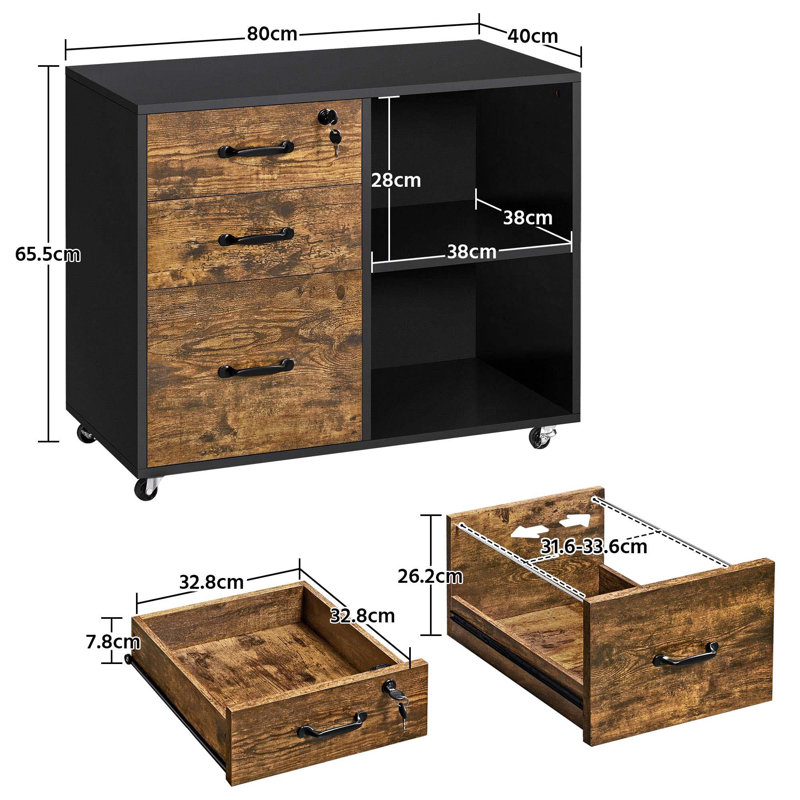 Brezina 80cm Wide 3 -Drawer File Cabinet, Black/Brown