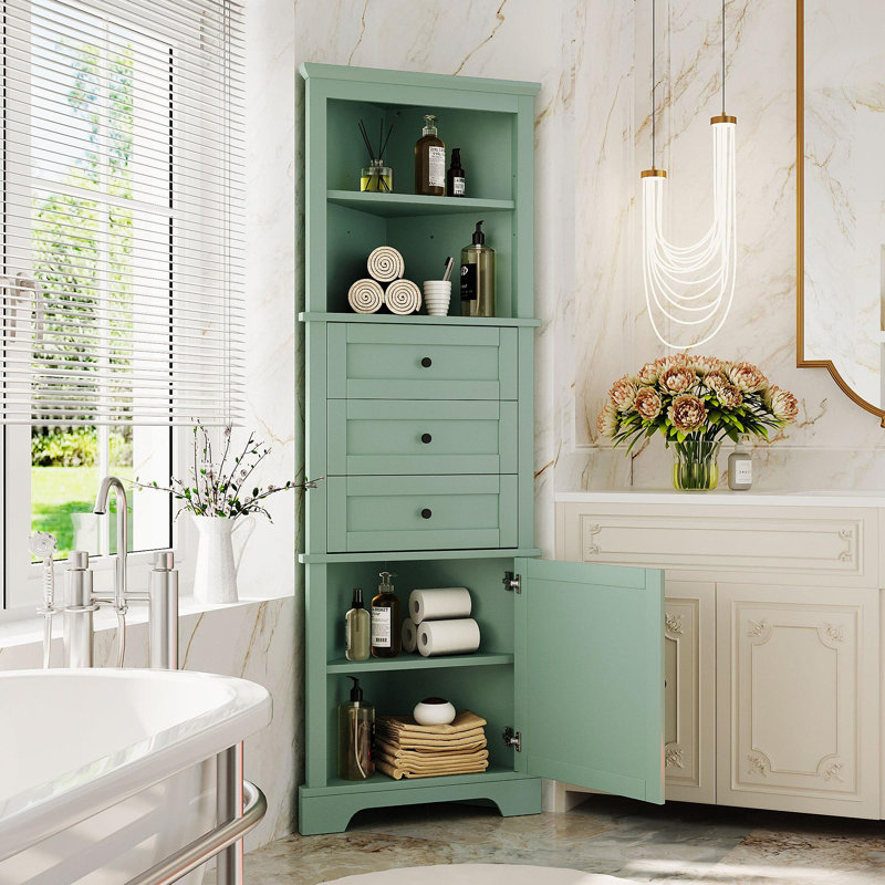 Green Triangle Tall Cabinet With 3 Drawers And Adjustable Shelves For Bathroom, Kitchen Or Living Room, MDF Board With Painted Finish(Old Sku:WF306469AAG)