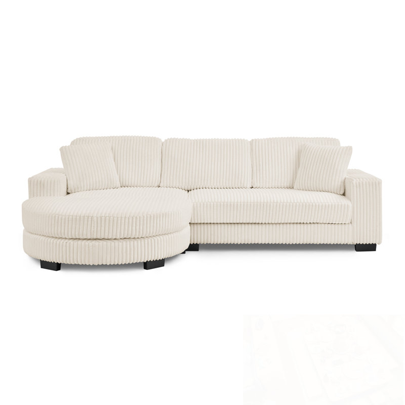L-Shaped Sectional Sofa With Pillows And Ottoman, Beige Corduroy