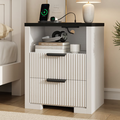 Table de chevet 2 tiroirs l 17,7 po avec rangement, table de chevet en bois avec prises et tablette ouverte