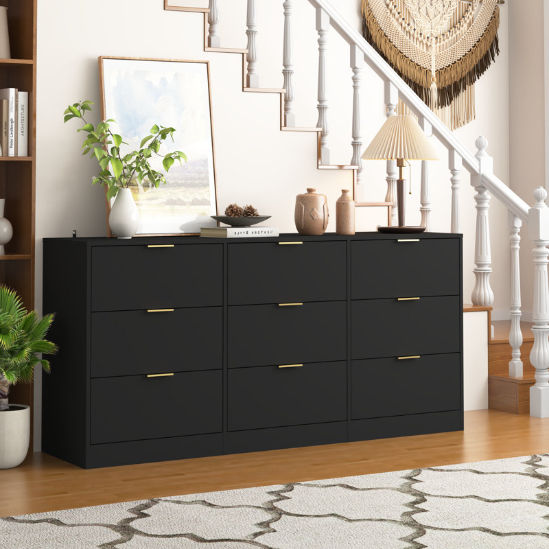 63"W 9-Drawer Dresser Cabinet Chest Of Drawer With Gold Handle, Black