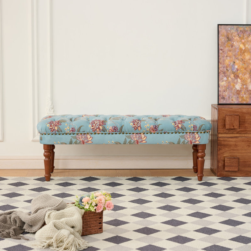 Banc capitonné de style européen à motif floral avec pieds en bois massif