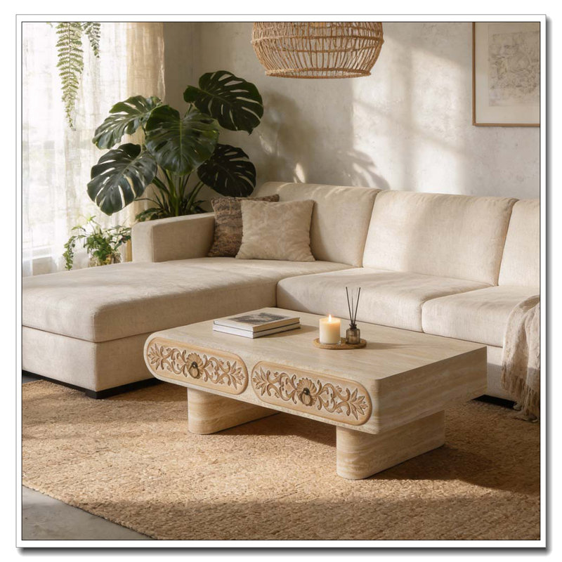 Table basse à bord arrondi avec tiroir en bois massif à motif floral
