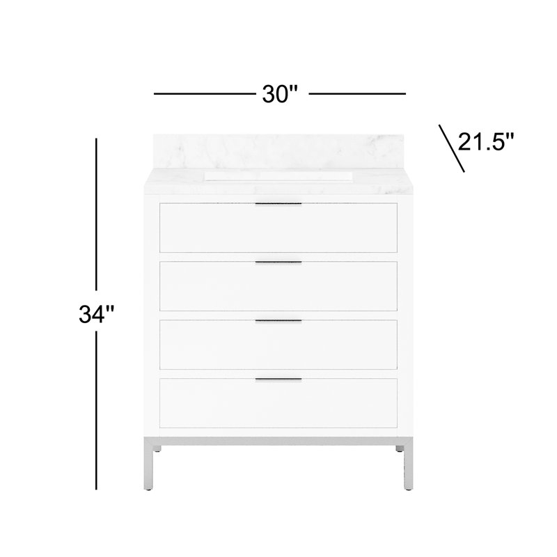 Bristol 30 In. Single Sink Carrara White Marble Countertop Bath Vanity In Pure White With Satin Gold Gooseneck Faucet