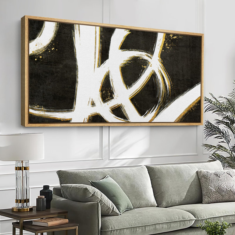 «Grunge Abstract Paint Stroke Effect Mid Mid Century Shape Abstract Gold and White Swirls», reproduction encadrée sur toile