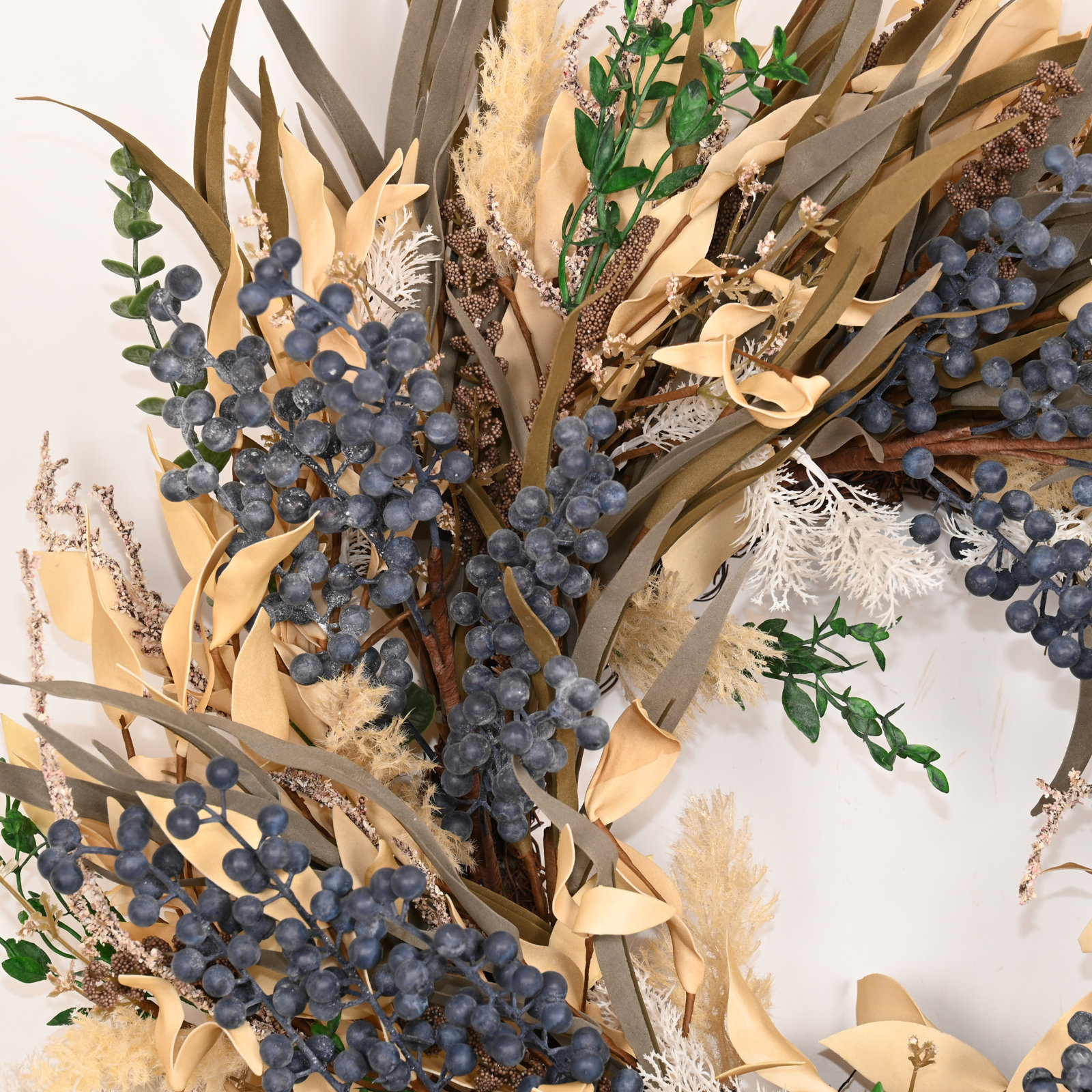 24" Handcrafted Grass, Berry Thanksgiving Wreath, Blue