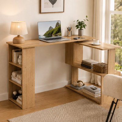 Bureau en coin brun pivotant à 360 °, bureau d'ordinateur multifonctionnel en L avec tablette en S, poste de travail de rangement pour bureau à domicile