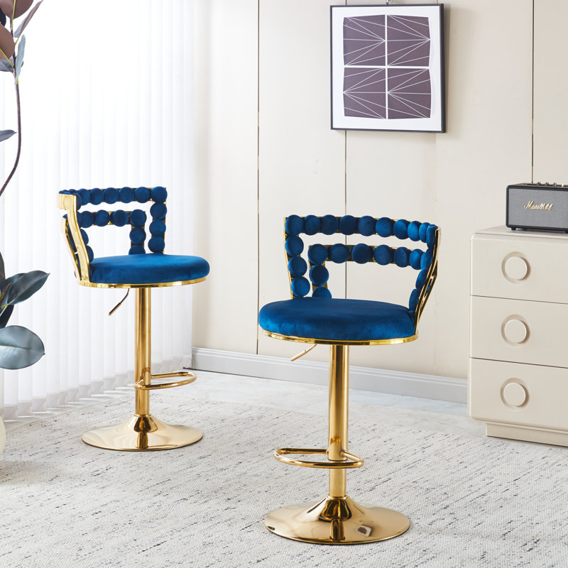 Tabouret de bar bleu de 2 avec des pieds en acier inoxydable de couleur dorée, confortable pour la maison et le café