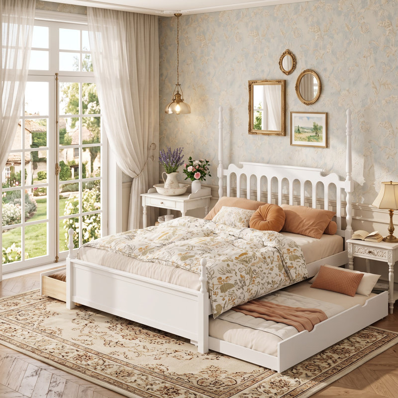Structure de lit en bois Granborough avec lit gigogne escamotable et 2 tiroirs de rangement, tête de lit Classic, Blanc