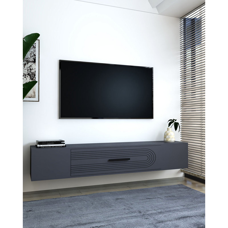 Meuble télé moderne, anthracite, 100% panneau de particules enduit de mélamine, épaisseur: 0,7 po | Conception géométrique murale, parfaite pour le salon et les espaces de divertissement