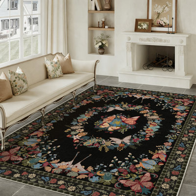 Tapis lavable à motif de papillons noirs doux et moelleux d'inspiration vintage