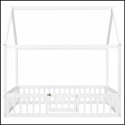 Charming Wood House Bed with Fence and Door, Perfect for Kids' Imaginative Play and Cozy Sleep