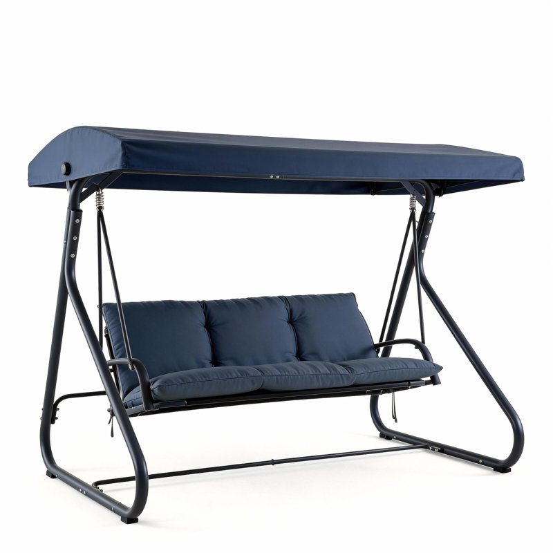 Fauteuil oscillant convertible 3 places avec auvent réglable, banc 2 en 1 et lit plat, coussins amovibles, Bleu