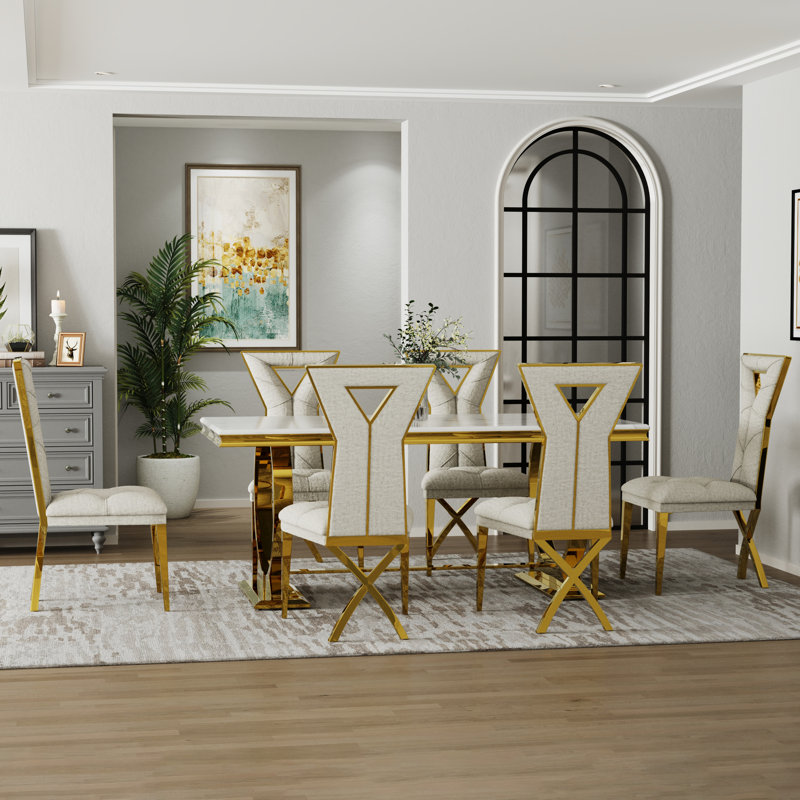 Dining Table Set With Chenille Dining Chairs, 7, Gold