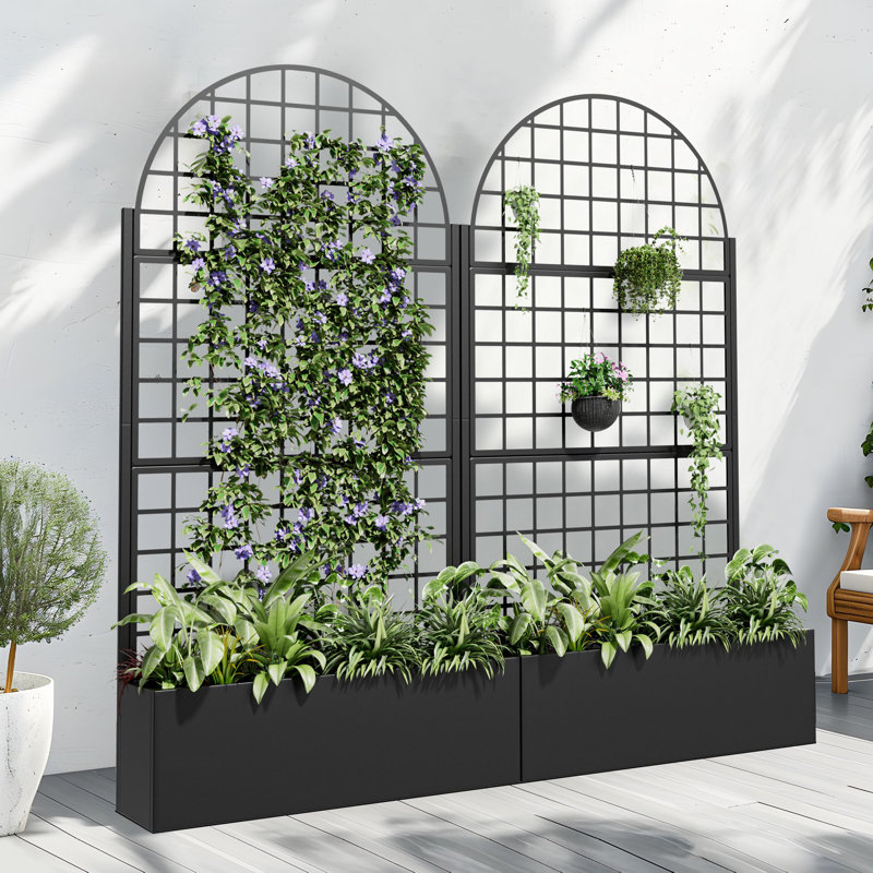73"H×35"W Arch Metal Planter Box with Trellis with Wheels, Black