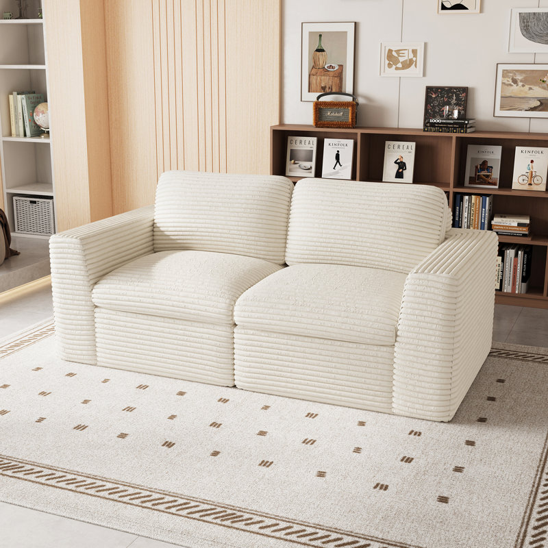 Wide Corduroy Compression Modular Upholstered Loveseat Sofa With No Assembly Required, White