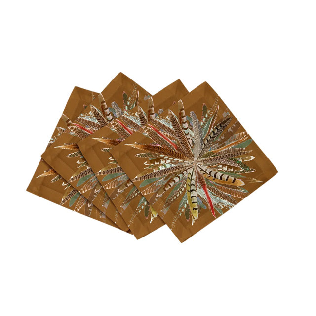 Set of four brown dinner napkins featuring a vibrant, starburst-like print of multi-colored patterned feathers.