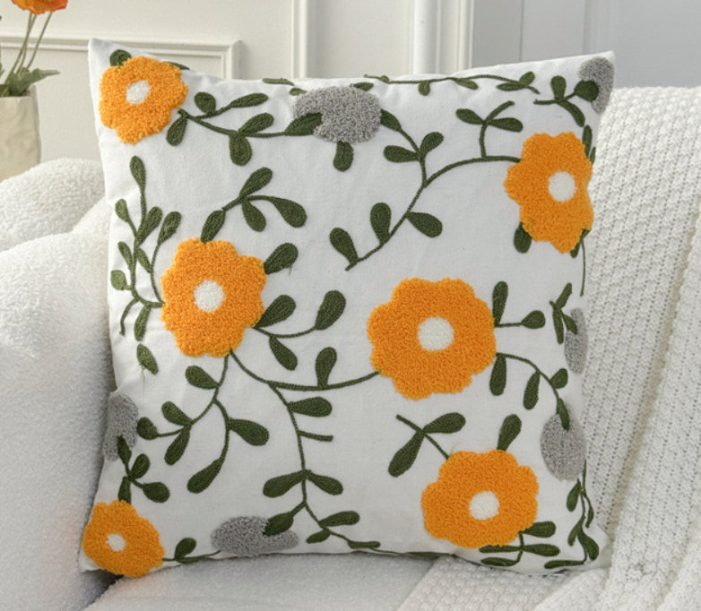 Cushion Cover, Square 45cm, White/ Yellow Plants & Flowers