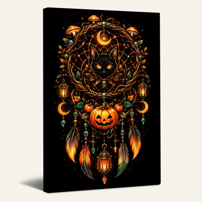 Black Cat Dreamcatcher Glowing Orange Eyes And Halloween Canvas Wall Art