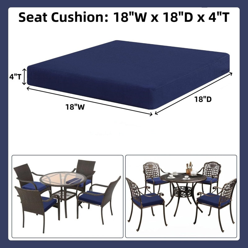 2-Pack Royal Blue Outdoor Seat Cushions, Water-Resistant Fade-Proof 35D Foam / Ties & Zipper, 18"W x 18"D x 4"T