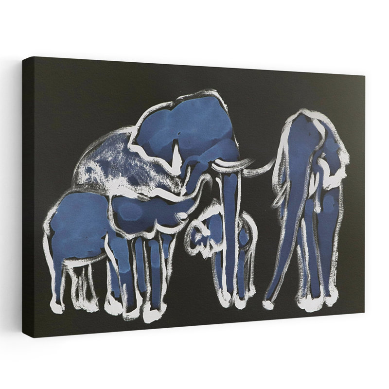«Blue Elephant Family Abstract Minimalist Modern Elephant Nature Wildlife», reproduction d'art murale, 24" H x 36" W