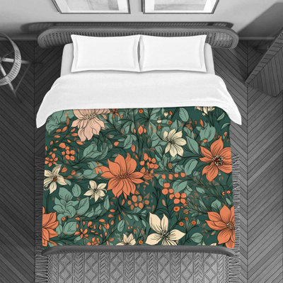 Housse de couette florale en microfibre verte / orange