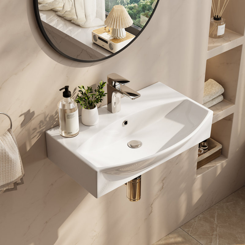 23.6 in. Wall-Mounted Rectangular Bathroom Sink in White Vitreous China with Overflow Hole