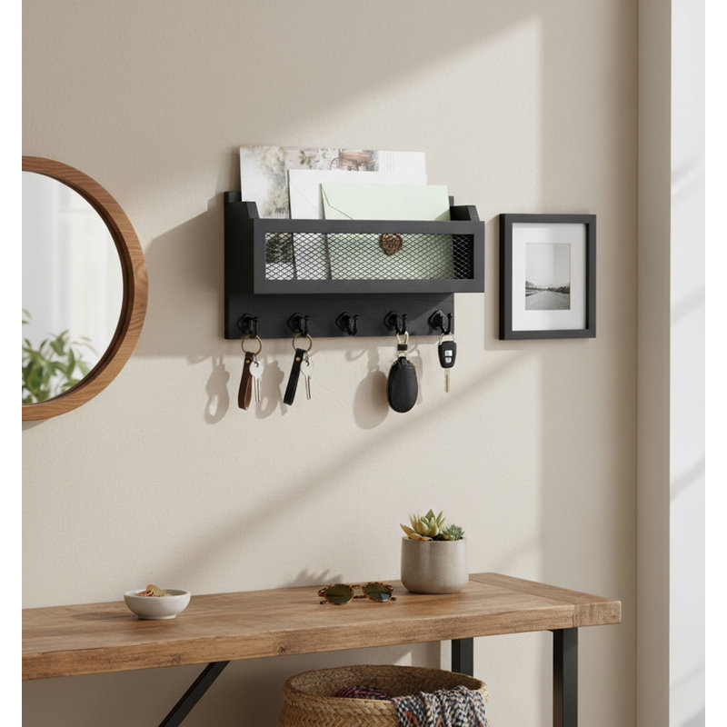 Wood Wall Organizer with Key Hooks, Black