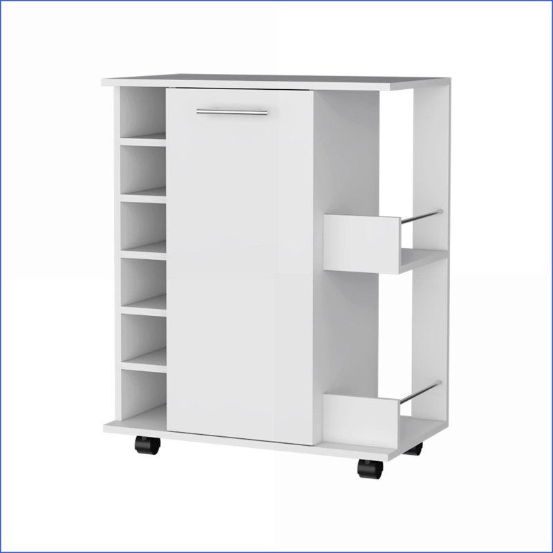 Chariot-bar avec roulettes, support à vin à 6 fentes et amp; Tablettes de rangement | Blanc neige | Bois d'ingénierie