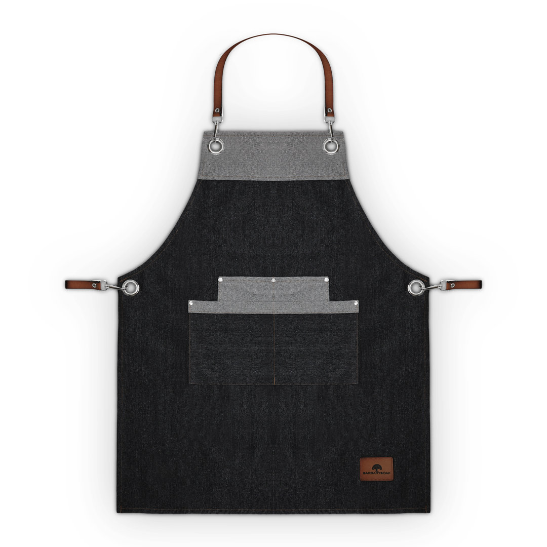 BO877000 Denim Apron with Leather Details, Adjustable Straps, 4 Pockets, Blue
