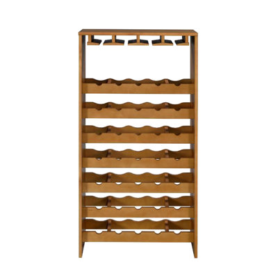 Oak Finish 7 Tier Wine Rack With 35 Bottles Holding And 4 Cup Holders, Built - In Stemware For Dining Room, Particle Board Makeup, 24 Depth, 12 Width, 48 Height Wooden Storage,
