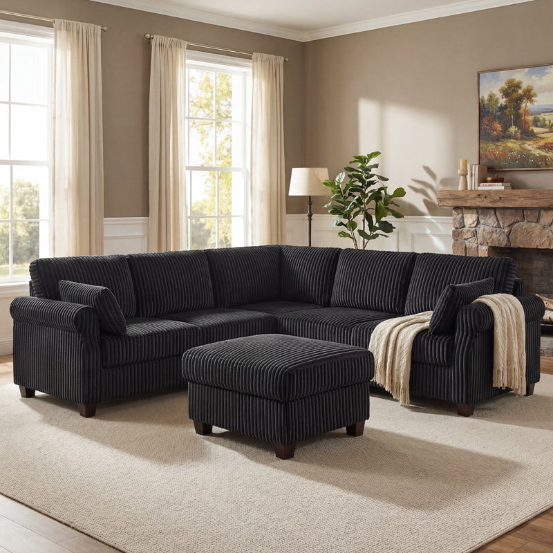 90.55’’ Upholstered Sofa With Storage Ottoman, Black Polyester