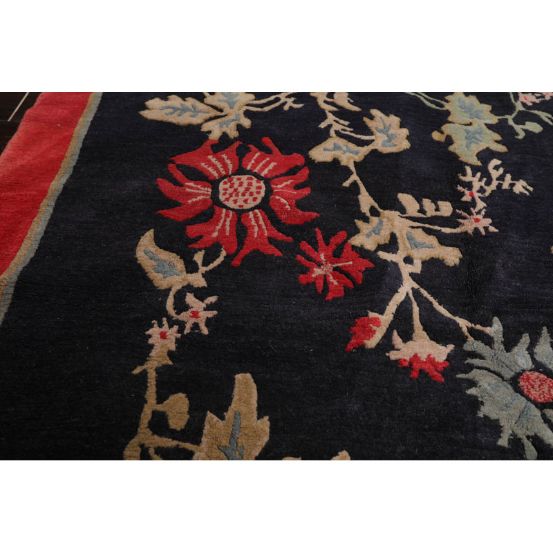 Tapis bleu nuit / rouge en laine noué à la main de conception unique 6 pi 1 po x 8 pi 8 po New Age Aryianna