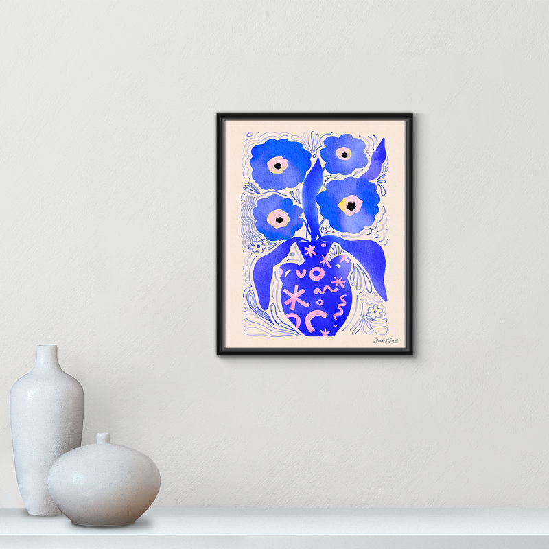 «Blue Flowers Matisse» par Bloom, Toile avec cadre, Cadre flottant noir, L 17,5 po x H 21,5 po
