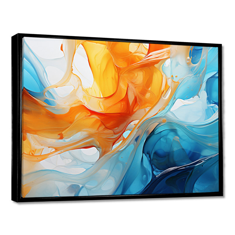 Orange orange, vagues bleues atteignant la plage II - encre liquide, art abstrait mural, Cadre flottant noir
