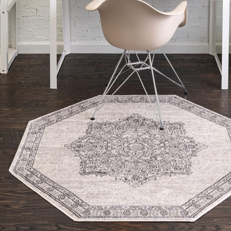 Tapis abstrait ivoire / noir Longe, Octogone 7 pi x 7 pi