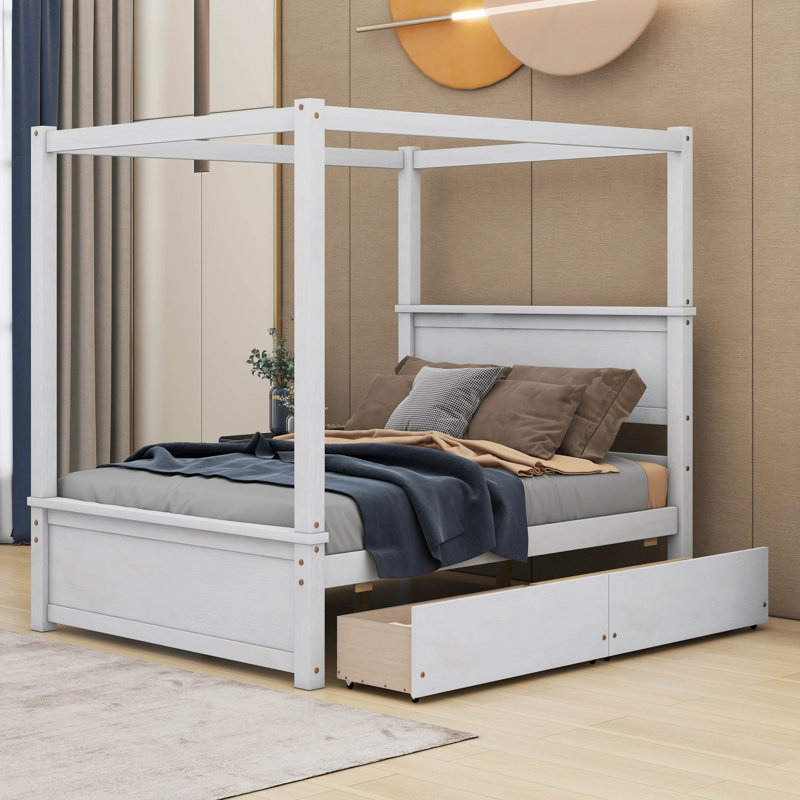 Lit à baldaquin en bois double avec deux tiroirs Patrise, Blanc brossé