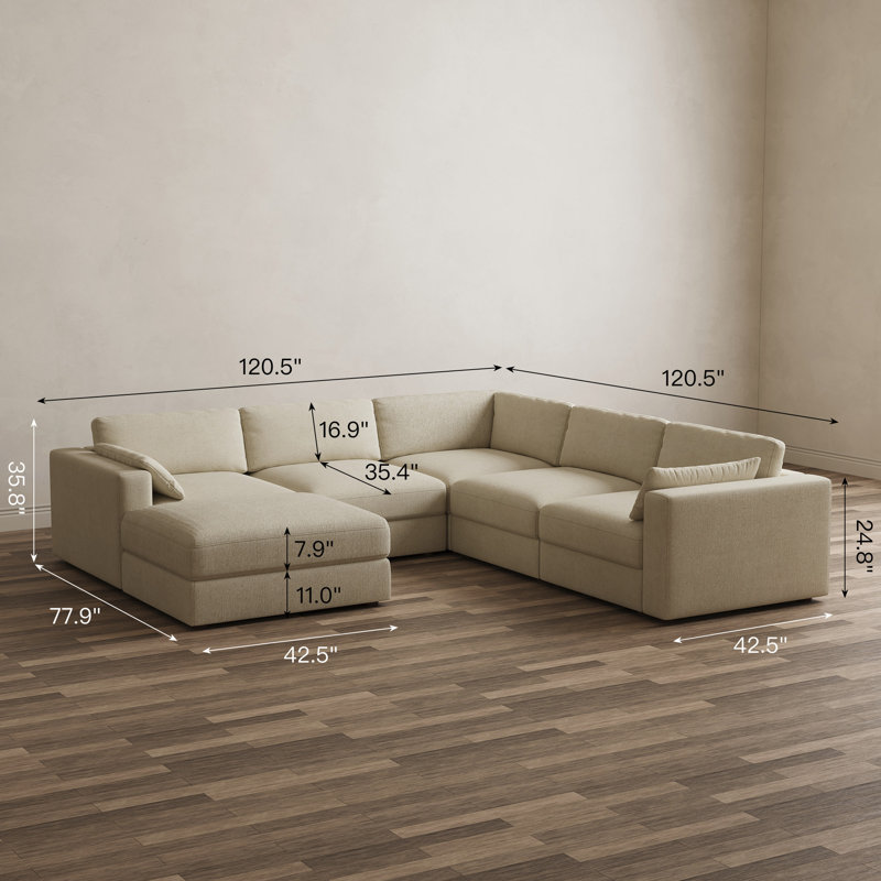 Canapé d'angle modulaire 5 places en chenille imperméable avec pouf amovible