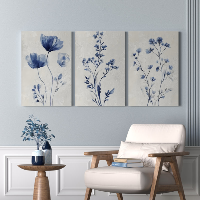 «Blue Floral Botanical», reproduction d'art sur toile abstraite (ensemble de 3), H 24 po x l 48 po